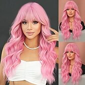 billige Syntetiske trendy parykker-lang våt bølget parykk med smell varmebestandig fiber syntetisk curly bangs parykk for kvinner jenter daglig fest jul reise brukt