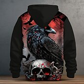 abordables Sudaderas y Hoodies de Halloween-Hombre Cuervo Vellón Sudadera Sudaderas Moda Fresco Manga Larga Con Capucha Vacaciones Víspera de Todos los Santos Deporte Negro Correa Otoño Invierno Diseñador