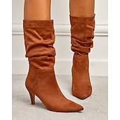 billiga Slouch Boots-damstövlar i brun mocka med mitten av vaden - eleganta stilettklackar med spetsiga tå, perfekta för höstens fritids- och festkläder
