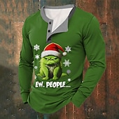 billiga Juldjurskläder-Jul Herr Katt Tomteluva T-shirt Henleytröja Långärmad T-shirt Tryck Henley Skjorta Mode Ledigt Fest Gata Dagligen Rubinrött Grön Vinter Vår &amp; Höst Kläder Vanligt S M L XL XXL XXXL