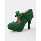 levne Block Heels-dámské semišové lodičky s červenou mašlí - retro lodičky na platformě na jehlovém podpatku, ideální pro looky inspirované vintage, večírky a zvláštní příležitosti