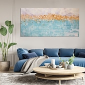 preiswerte Landschaftsgemälde-handgemachtes buntes abstraktes blau-goldenes Ölgemälde auf Leinwand, großes handgemaltes abstraktes strukturiertes Boho-Ölgemälde, moderne Wandkunst, zeitgenössisches minimalistisches Kunstwerk für