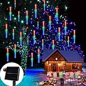 abordables Funciona con energía solar-1 luz solar de lluvia de meteoritos, 30 cm, 8 tubos, 192 ledes, luces para aleros de árbol de Navidad para decoración de árboles de Navidad y jardines