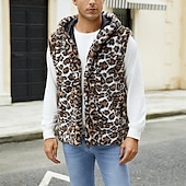cheap Men's Vest-Men's Vest Faux Fur Gilet Daily Date Vacation Fashion Casual Fall &amp; Winter Keep Warm Polyester Comfortable Leopard Print Cardigan Stand Collar Regular Fit White Yellow Brown Vest