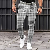 billiga Smal-Herr Rutig Kostymbyxor Medium Midja Business Casual Formell Vardag Dragkedja Ficka Sommar Vår Höst 3D-tryck Blå Khaki grön Ljusgrå