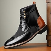 baratos Botas de vestir-Botas masculinas vintage brogue ankle boots - couro sintético marrom e preto com painel de tweed, design clássico de cadarço para ocasiões formais e casuais, botas sociais estilo retrô