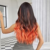 abordables Perruques Synthétiques Sans Bonnet-Perruque Synthétique Bouclé Ondulé Coupe Droite Avec Frange Fabriqué à la machine Perruque 26 pouces Ombre Orange Cheveux Synthétiques Femme Mignon Cosplay Soirée Orange