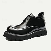 baratos Botas de couro premium-Botas masculinas de couro envernizado marrom com cadarço grosso - sapatos sociais casuais de grife com sola robusta para moda urbana