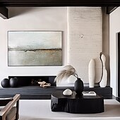 preiswerte Abstrakte Gemälde-großes cremebeiges abstraktes geometrisches Ölgemälde handgemachtes Meeresgemälde handgemalt moderne Wabi Sabi Wandkunst braun und schwarz minimalistische Wandkunst beige Strukturgemälde