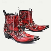 baratos Botas de couro premium-Bota de Motocicleta Masculina de Couro de Cobra Vermelha – Bota Canela Estilo Ocidental com Bico Pontudo Detalhe de Corte em Chama com Ponta Dourada para Moda Ousada