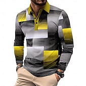 billiga Color Block Polo för män-Herr Rutig Pikétröjor Golf pikétröjor Långärmad Polotröjor Krage Business Casual Formell Semester Vardag Friluftskläder Knappar 3D-utskrift Vår Höst vinter Svart Gul Rubinrött