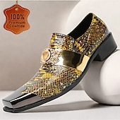 cheap Premium Leather Loafers-Men&#039;s Snake Print Leather Slip-On Dress Shoes with Gold Tip Gold Metal Embellishment–Premium Cowhide, Formal Party Footwear