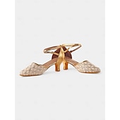 abordables Chaussures de danses latines-chaussures de danse en dentelle dorée pour femmes avec bride croisée et semelle en daim – talons confortables pour les événements de danse de salon et latine