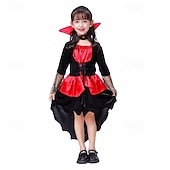 cheap Fairytale Theme Dresses-Kids Girls&#039; Dress Color Block halloween custome Long Sleeve Performance Party Patchwork Gothic Costume Polyester Knee-length Casual Dress Summer Spring 4 years+ Red