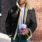 cheap Men&#039;s Jackets &amp; Coats-Men&#039;s Faux Leather Jacket Fleece Jacket Biker Jacket Motorcycle Jacket Daily Vacation Windproof Warm Pocket Fleece Fall &amp; Winter Plain Fashion Classic Lapel Regular Black Red Green Khaki Jacket
