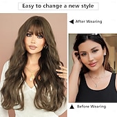 billige Syntetiske trendy parykker-lang våt bølget parykk med smell varmebestandig fiber syntetisk curly bangs parykk for kvinner jenter daglig fest jul reise brukt