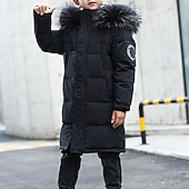 billiga Boy&amp;#39;s Downs &amp;amp; Pufferjacka-Barn Pojkar Ner Hoodiejacka Ytterkläder Bokstav Långärmad Ficka Täcka Utomhus Dagligen Grundläggande Svart Rubinrött Blå Höst Vinter 4 år +