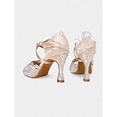 economico Scarpe per balli latini-tacchi da ballo da donna con strass dorati, cinturini incrociati e suola in pelle scamosciata, ideali per spettacoli di ballo da sala e latino