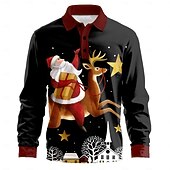 クリスマス 男性用 サンタクロース ルドルフ ポロシャツ ゴルフポロシャツ 長袖 ポロシャツ カラー カジュアル リゾート バケーション 日常着 3Dプリント ボタン 春 秋冬 ブラック お買い得  サンタクロースの衣装-クリスマス 男性用 サンタクロース ルドルフ ポロシャツ ゴルフポロシャツ 長袖 ポロシャツ カラー カジュアル リゾート バケーション 日常着 3Dプリント ボタン 春 秋冬 ブラック