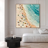 economico Quadri paesaggistici-Dipinto ad olio sulla spiaggia in 3D, dipinto ad olio astratto fatto a mano sulla costa su tela, dipinto fatto a mano sulla spiaggia soleggiata nei colori blu e beige, dipinto di onde per la