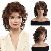 abordables perruque plus âgée-perruque synthétique bouclée avec frange perruque fabriquée à la machine cheveux synthétiques courts bruns pour femmes mode douce facile à transporter