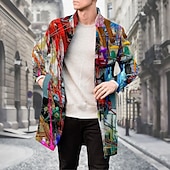 cheap Men&#039;s Print Lightweight Coats-Men&#039;s Oil Painting Winter Coat Fleece Jacket Overcoat Thermal Comfortable Artistic Casual Party Daily Wear Buttons 3D Print Front Pocket Winter Turndown Long Sleeve Yellow Blue Purple