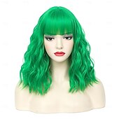 halpa Synteettiset trendikkäät peruukit-bob-peruukit naisille lyhyt kihara aaltoileva peruukki otsatukkalla olkapäiden pituus lyhyt bob-peruukki naisille tytöille synteettinen peruukki cosplay joulujuhlaperuukit St.patrickin päivän peruukit