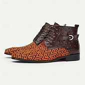 cheap Premium Leather Boots-Men&#039;s Premium Cowhide Leather with Pony Hair Ankle Boots - Geometric Pattern Lace-Up Stylish Casual &amp; Formal Shoes