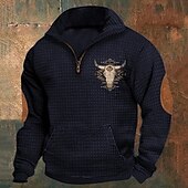 baratos Suéteres básicos-Homens Moletom Waffle Moletom Moletom com zíper Preto Branco Azul Marinha Cáqui Cinzento Escuro Meio Zíper Gráfico Vaca Imprimir Patchwork Bolso frontal Quarter Zip Diário Feriado Para Noite Poliéster