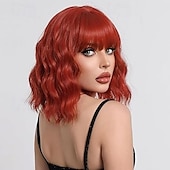 baratos Perucas Sintéticas sem Touca-peruca com franja perucas curtas onduladas para mulheres comprimento dos ombros perucas bob encaracolado perucas sintéticas resistentes ao calor para cosplay de halloween uso diário para festas