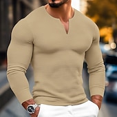 cheap Waffle Knit Tee-Men&#039;s Waffle Shirt T Shirt Tee Top Long Sleeve Shirt Long Sleeve V Neck Spring &amp;  Fall Plain Fashion Designer Basic V Neck Vacation Street Going out Black White Gray Top Tee for Men