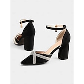 preiswerte Halbformell-Schwarze Pumps mit Blockabsatz für Damen mit Strass-überkreuztem Riemchen und Fußkettchen – elegante Schuhe mit spitzer Spitze für formelle Anlässe
