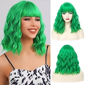 halpa Synteettiset trendikkäät peruukit-bob-peruukit naisille lyhyt kihara aaltoileva peruukki otsatukkalla olkapäiden pituus lyhyt bob-peruukki naisille tytöille synteettinen peruukki cosplay joulujuhlaperuukit St.patrickin päivän peruukit