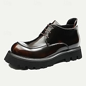 baratos Botas de couro premium-Botas masculinas de couro envernizado marrom com cadarço grosso - sapatos sociais casuais de grife com sola robusta para moda urbana