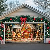 Christmas Door Decorations Garage Door Cover Xmas Candy Canes Gifts Gingerbread Outdoor Banner Large Christmas Backdrop for Holiday Outdoor Garage Door Home Wall Decorations 29