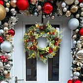 お買い得  リース、ガーランド、スワッグ-玄関用の屋外用クリスマス ライト付きリース、松ぼっくり付き冬用リース、窓やドアに吊るすイルミネーション付きホリデー ガーランド、壁やパティオ用のフェイク ベリーと葉のつる装飾