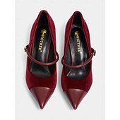 cheap Formal-Women&#039;s Burgundy Velvet Pointed Toe Stiletto Heels – Elegant High Heels with Gold Buckle for Formal and Evening Wear