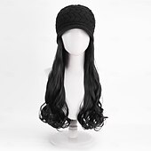 abordables Pelucas sintéticas de moda-Gorro con peluca y extensiones de pelo largo y ondulado, gorro de punto con pompón para mujer, color negro, para invierno