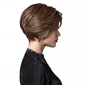abordables perruque plus âgée-perruques brunes perruque synthétique droite avec frange perruque fabriquée à la machine cheveux synthétiques courts pour femmes mode douce facile à transporter