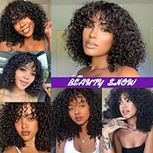 baratos Perucas capless de cabelo natural-perucas curtas de cabelo humano cacheado peruca curta bob cacheado cabelo humano com franja para mulheres peruca curta sem cola onda de água cabelo humano com franja preto natural 12 polegadas