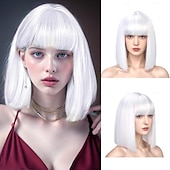 economico Parrucche trendy sintetiche-parrucca bob con frangia parrucca corta e dritta per donna parrucca sintetica resistente al calore in capelli naturali parrucche bob colorate per ragazze festa quotidiana parrucche per feste di Natale