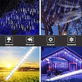 abordables Funciona con energía solar-1 luz solar de lluvia de meteoritos, 30 cm, 8 tubos, 192 ledes, luces para aleros de árbol de Navidad para decoración de árboles de Navidad y jardines