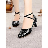 abordables Chaussures de danses latines-chaussures de danse à paillettes dorées pour femmes avec design à brides croisées – talons de salle de bal et latins étincelants pour la performance et la pratique