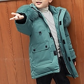 cheap Boy&#039;s Downs &amp; Puffer Jacket-Kids Boys Down Coat Hoodie Jacket Outerwear Solid Color Long Sleeve Pocket Coat Outdoor Daily Basic Black Red Green Fall Winter 4 years+