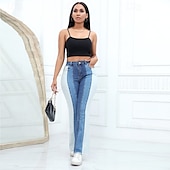 billiga Byxor-Dam Vanligt Jeans Streetwear Stylish Fullängd Hög midja Färgblock Lappverk Andningsfunktion Mjuk Bekväm Microelastisk Dagligen Utekväll Svart Blå Vår &amp; Höst Normal