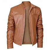 cheap Faux Leather Jackets-Men&#039;s Faux Leather Jacket Transition Jacket Biker Jacket Street Casual Thermal Warm Windproof Zipper Spring Fall Solid Color Pocket Vintage Fashion Stand Collar Regular Faux Leather Slim Fit Silver