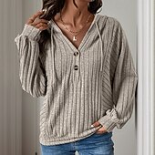 baratos Moletons e Sweatshirts Texturizados-moletom feminino com capuz moletom casual simples rua diário moletom com capuz botões manga longa cáqui outono inverno