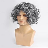 voordelige Historische pruiken-Synthetische Wig Krullend Met Pony Machine Gemaakte Wig Korte Grijze Synthetische Haar Mannen Grijze Halloween Wigs