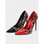 abordables Talons Aiguilles-talons aiguilles imprimé léopard pour femmes – escarpins à bout pointu en cuir verni rouge pour fêtes et événements nocturnes