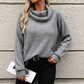 voordelige Effen kleuren-Dames Trui Streetwear Dagelijks Casual Effen Kleur Wijde col Gebreid Lange mouw Normale tops breien Werk Blozend Roze Khaki Herfst Winter